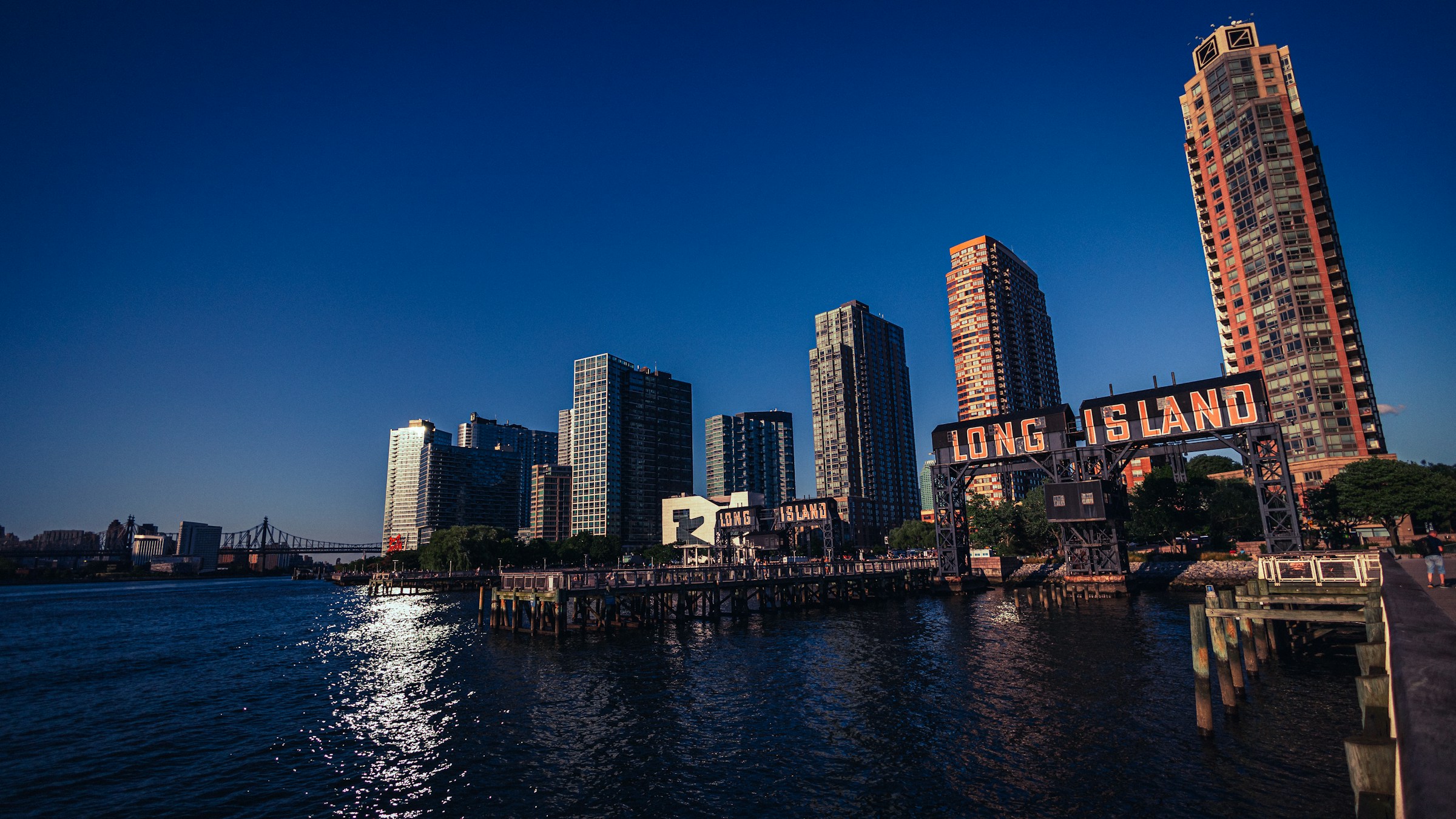 Long Island City waterfront and condominium skyline at sunset